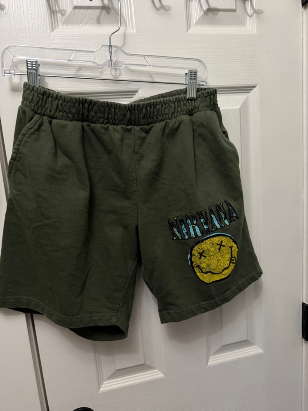 NIRVANA Olive Green Shorts with Yellow Smiley Patch